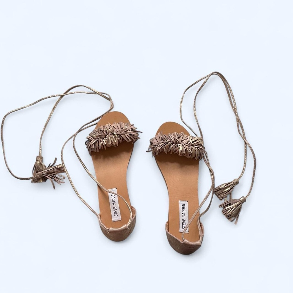Steve Madden Sweety gold beige fringe lace up‎ sandals Size US 7.5
